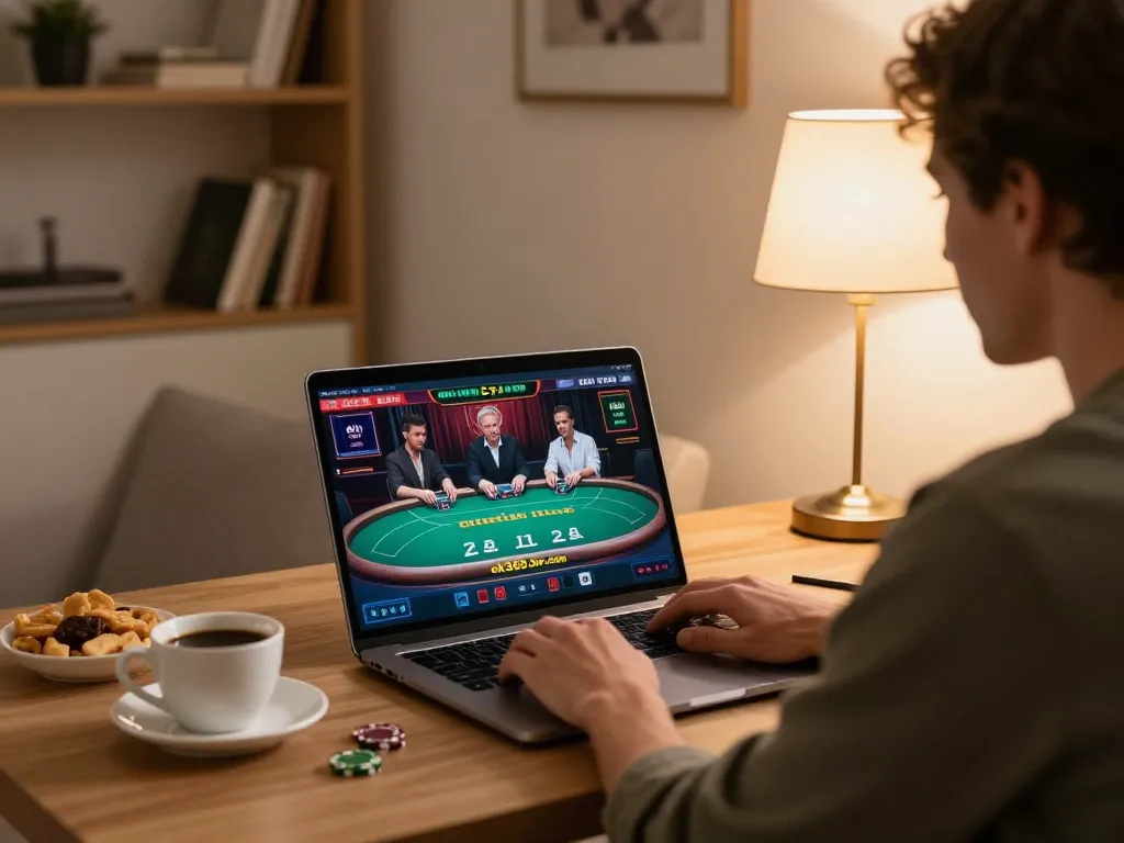 Engaging with live dealer poker on a laptop, showcasing ok365.br.com for online gaming.