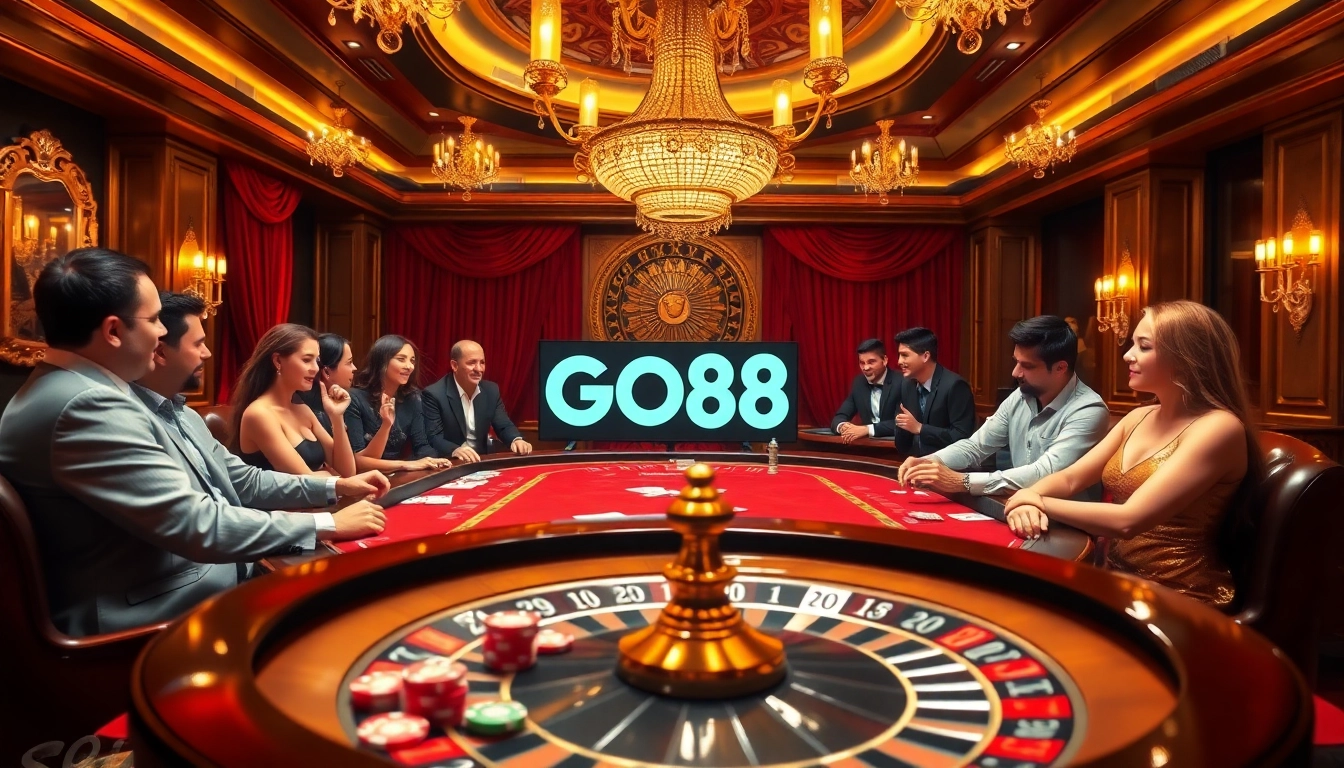 Players engaging in high-stakes poker at the luxurious GO88 casino table surrounded by excitement.