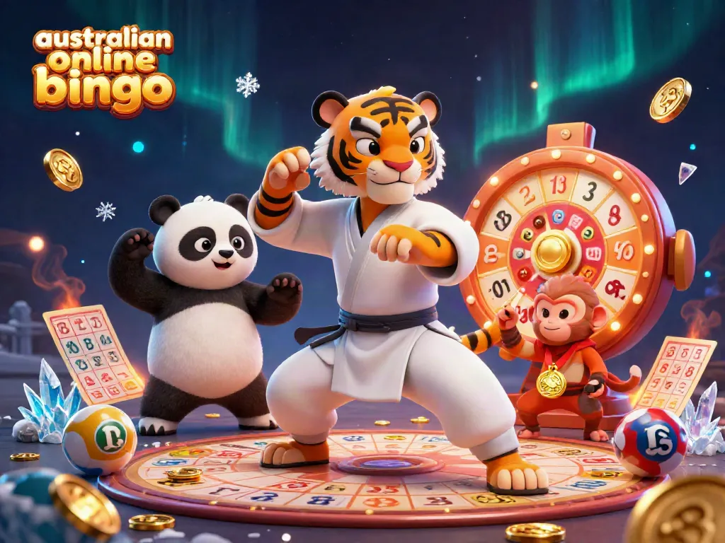 Engage in australian online bingo with exciting bingo balls, cards, and coins in a dynamic illustration.