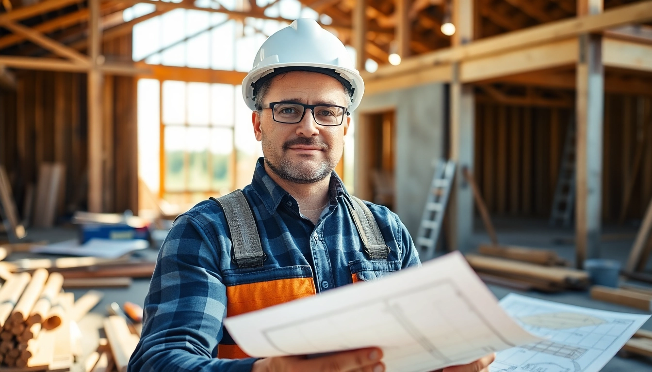 New Jersey General Contractor overseeing construction project with tools and blueprints on site.