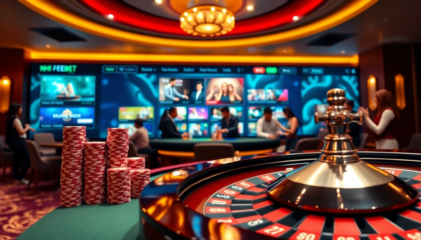 Experience the luxury of NHÀ CÁI FEBET with a vibrant casino scene featuring engaging card players.
