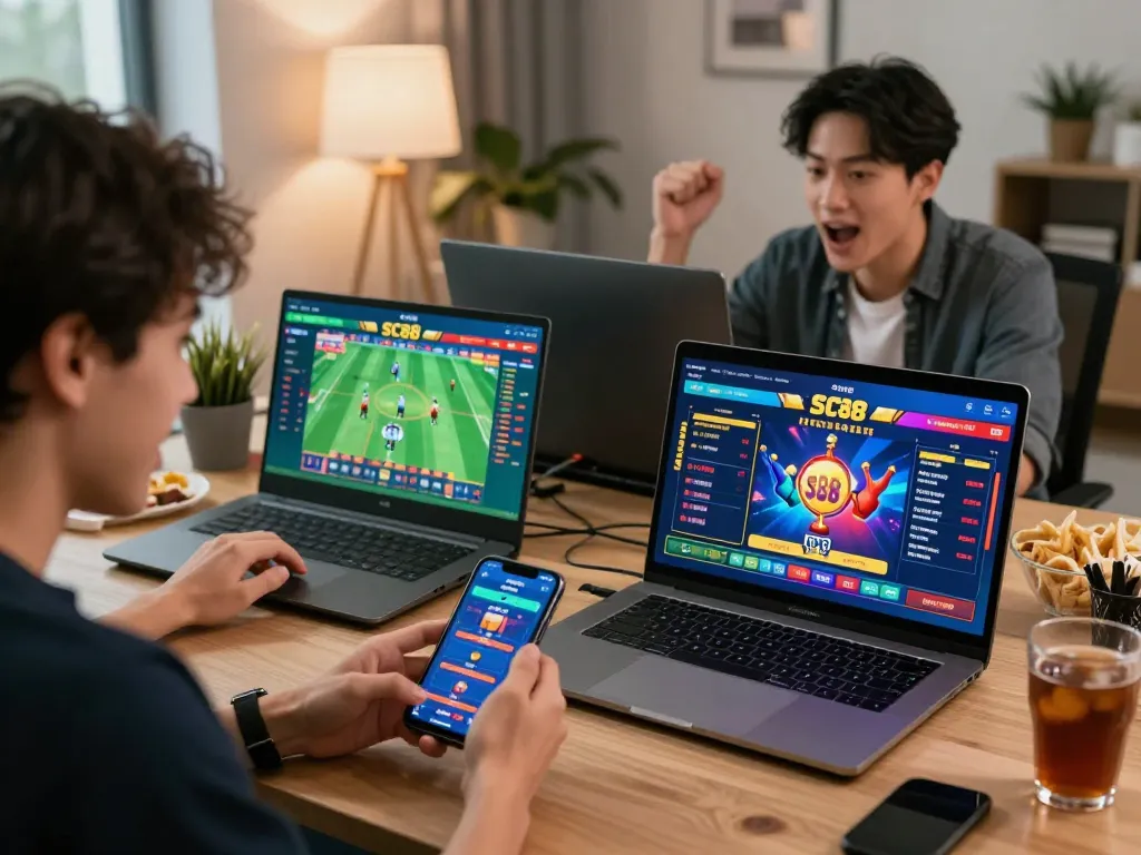 Exciting players on SC88 enjoying online gambling with vibrant game interfaces and mobile apps.
