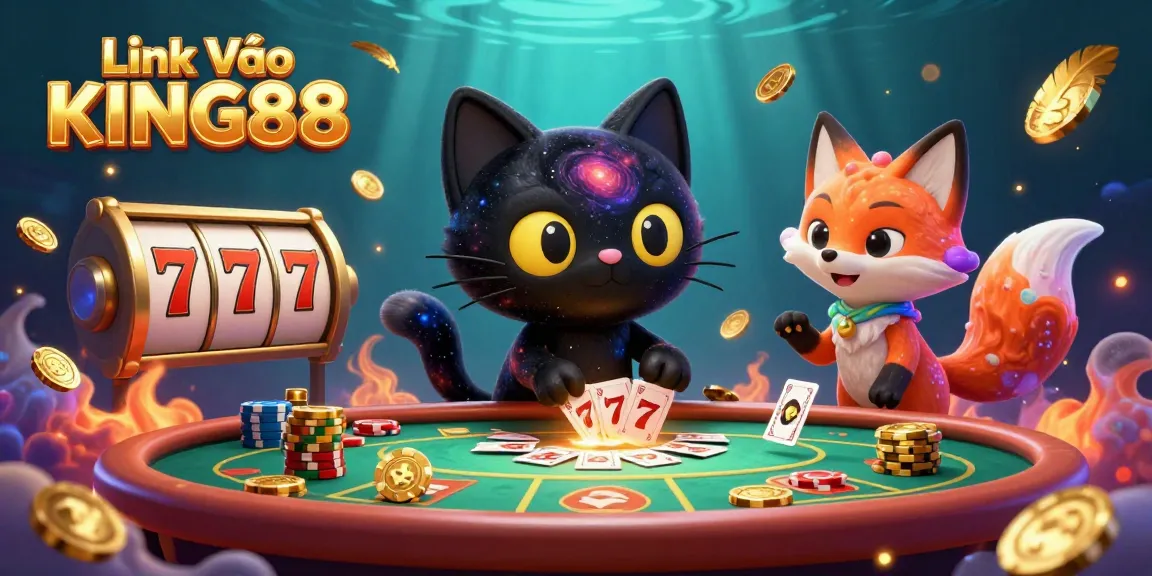 Experience the excitement of playing at Link Vào KING88 with vibrant 3D casino elements and animations.