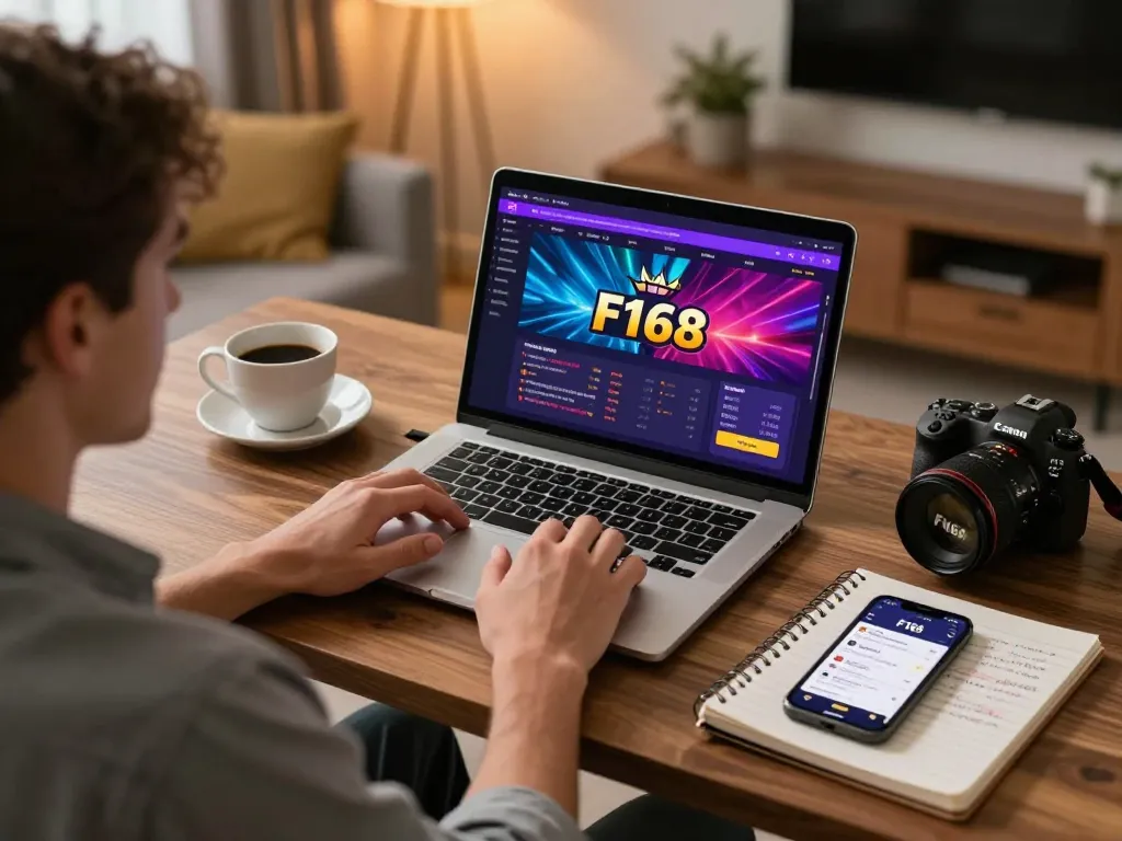 Player engaged with F168 online casino on laptop, warm home office setting, cozy atmosphere