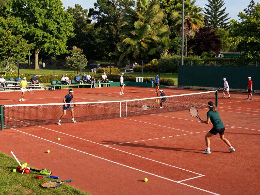 Players enjoying a competitive match on Hybrid Clay tennis court, showcasing vibrant red surface and lively atmosphere.