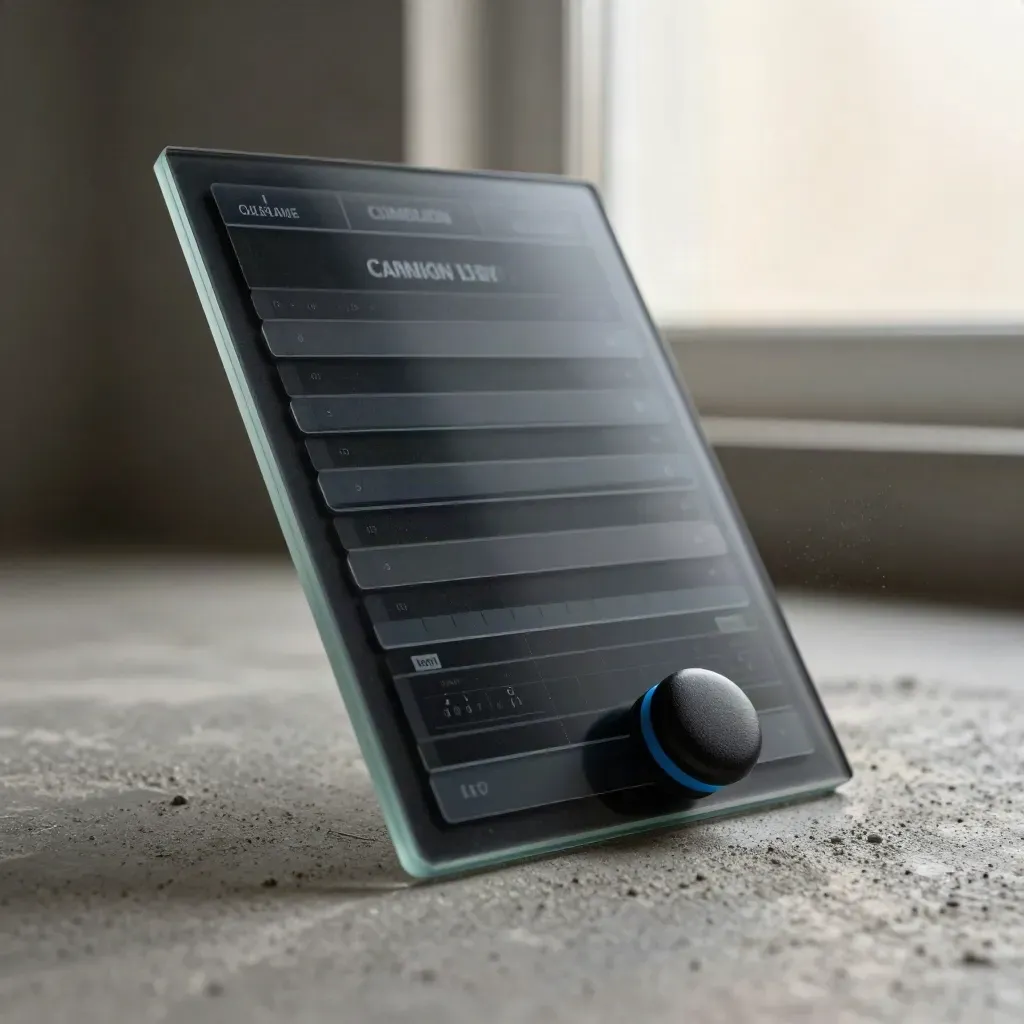 Dark glass campaign tracking board with translucent tabs and a compact status puck by concrete.