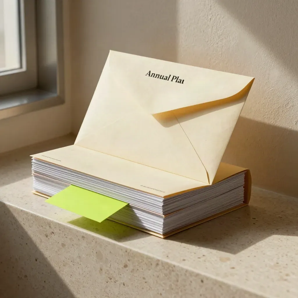 Cream planning bundle with folio, reports, and lime divider card in dramatic beam