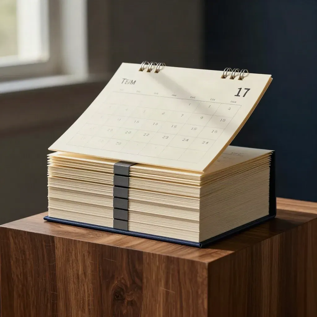 Five stacked calendar cards with a navy band and divider blocks on walnut.