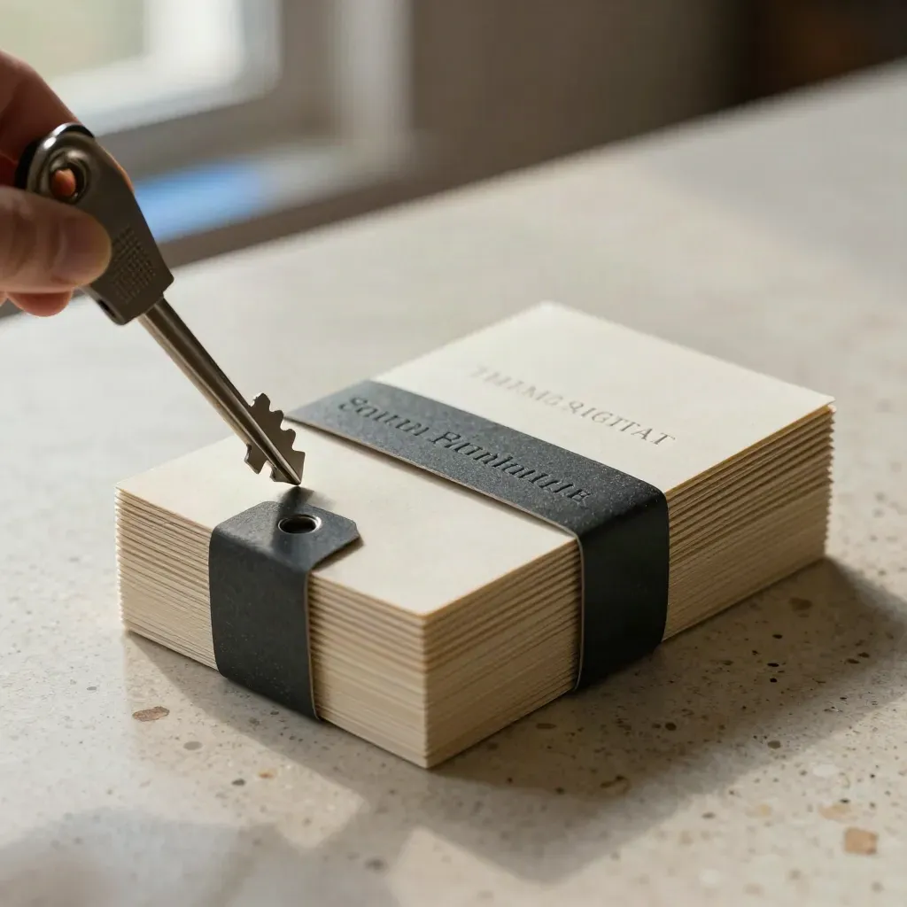 Fan of square hashtag cards on travertine with a dark band, lit from upper left