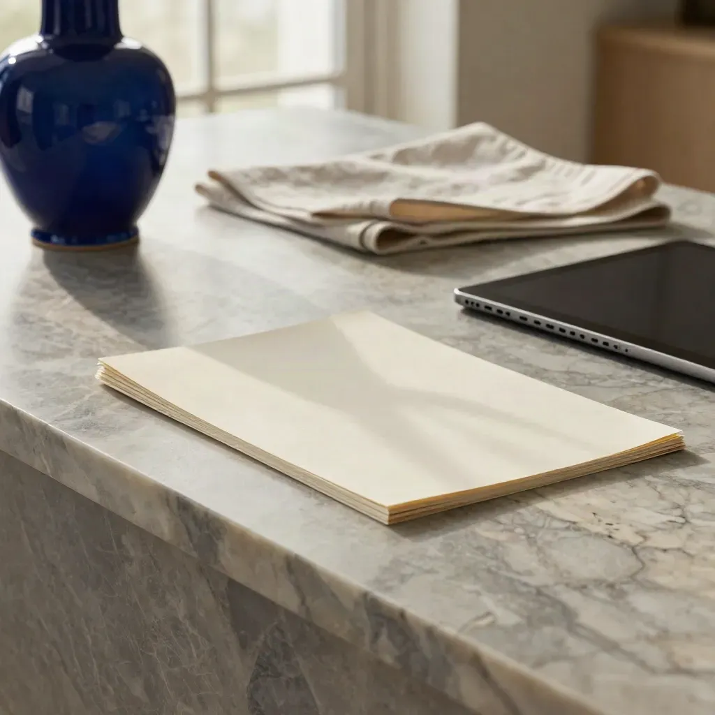 Marble planning surface with cobalt ceramic vessel, paper stack, and soft morning light.
