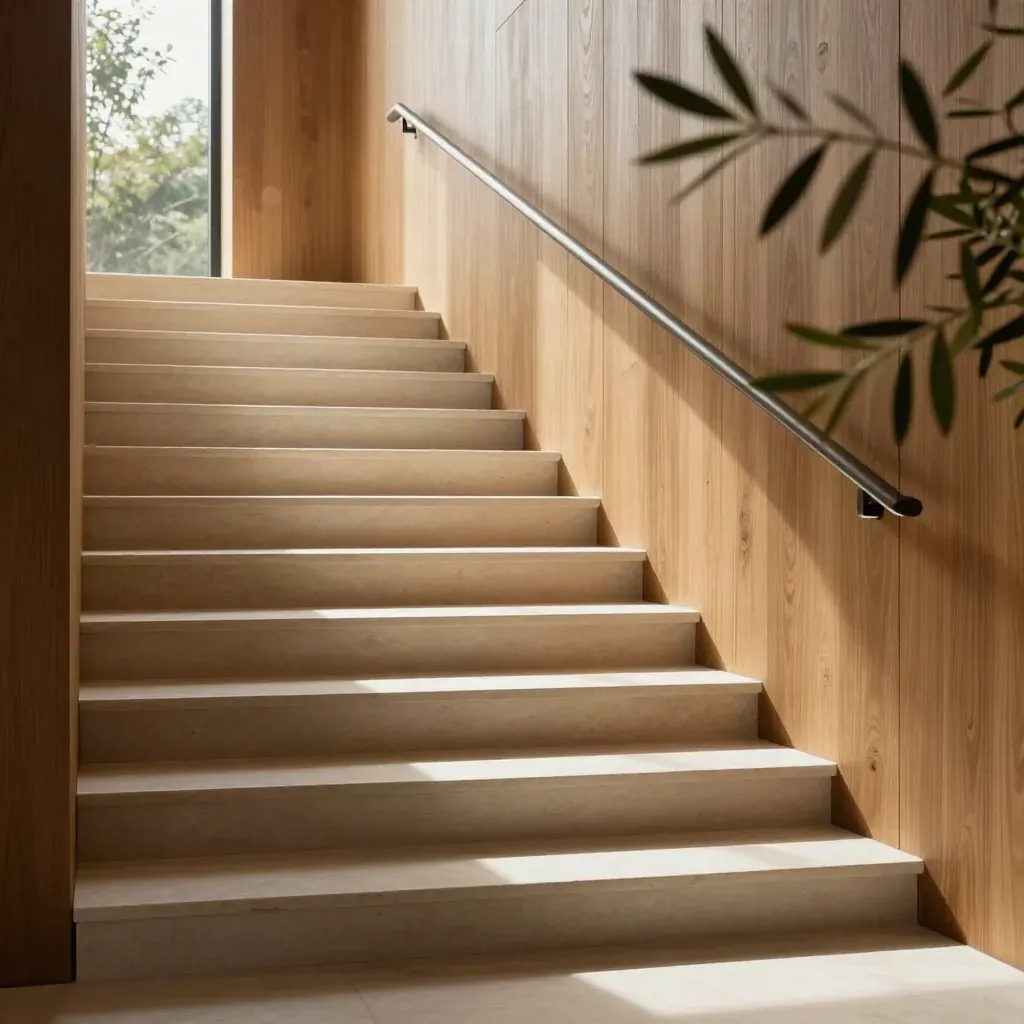 Sunlit oak stair landing with a blurred olive plant, stone steps, and calm open space for copy.