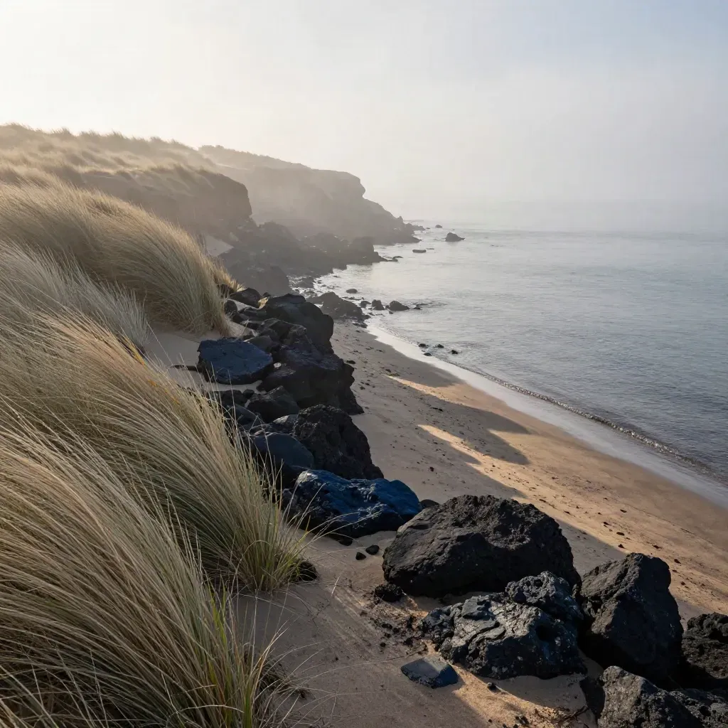 Misty coastal bluff with pale grasses, dark stones, and fog at first light