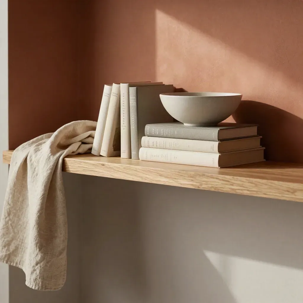Warm editorial shelf nook with books, linen, and a ceramic bowl above calm copy space.