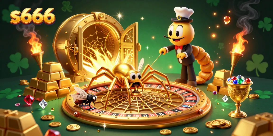 Spin the roulette wheel with s666 in this vibrant 3D illustration featuring a golden spider and croupier.