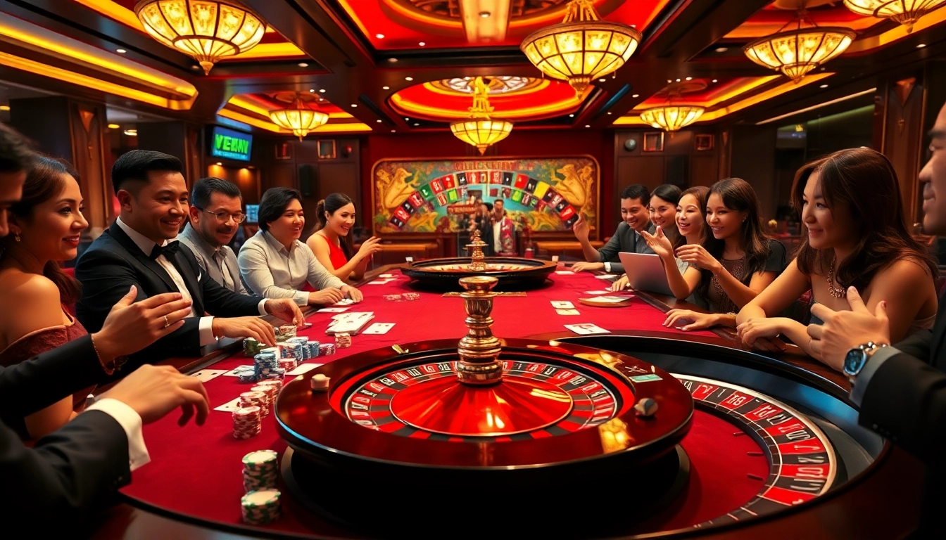 Excited players engaging at a Lô đề 69VN gambling table with colorful chips and cards.