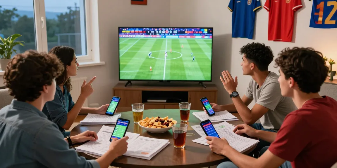 Soi kèo nhà cái scene with friends intensely watching a soccer match, surrounded by snacks, betting papers, and mobile devices displaying real-time odds.
