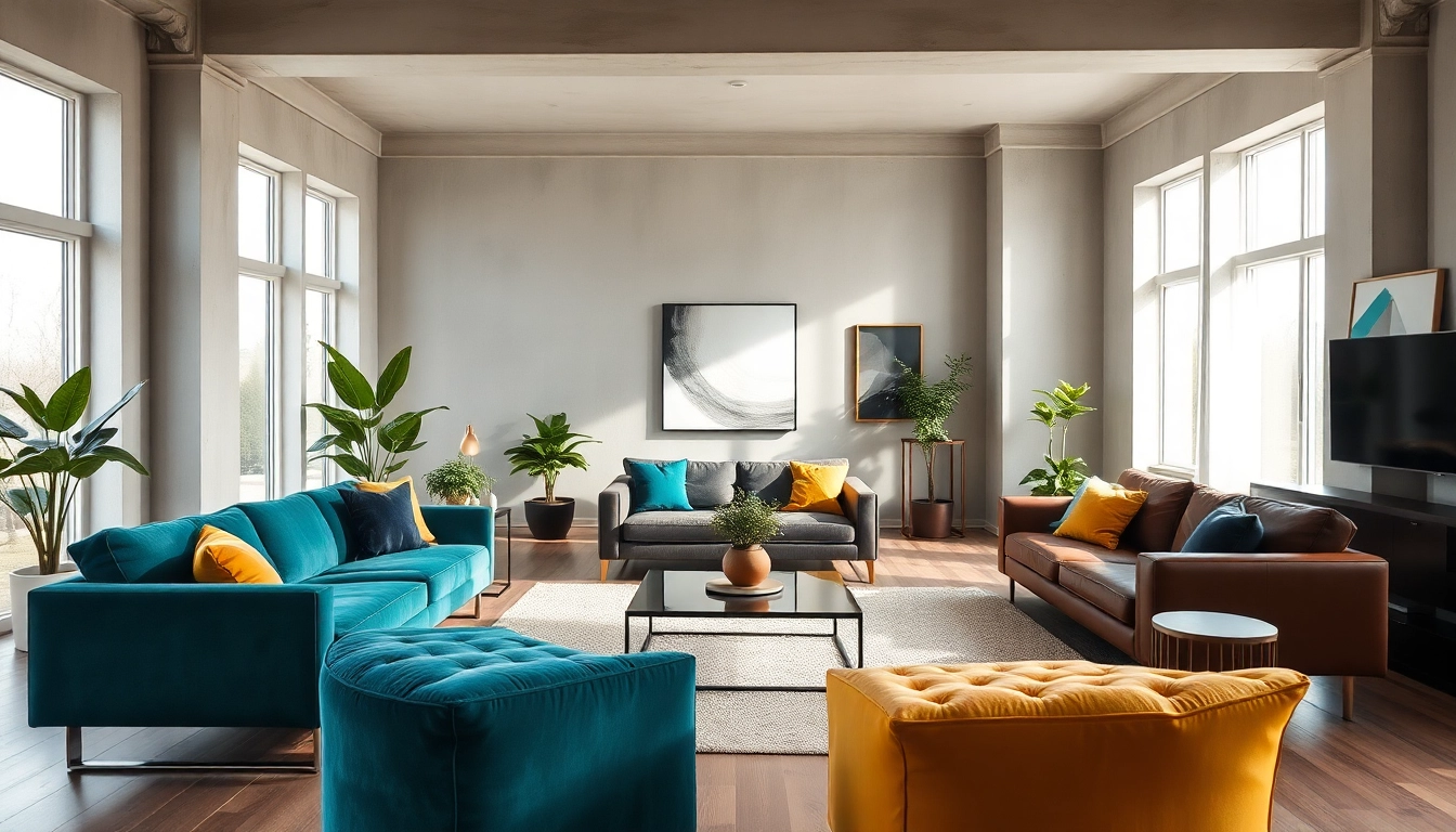 Showcase of a modern style living room with sleek furniture and vibrant accents.