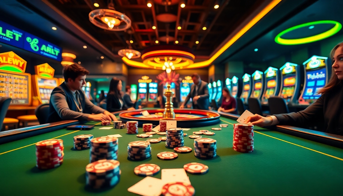 Experience the thrill of online gaming at https://thabett.io/, with lively players at a casino table.