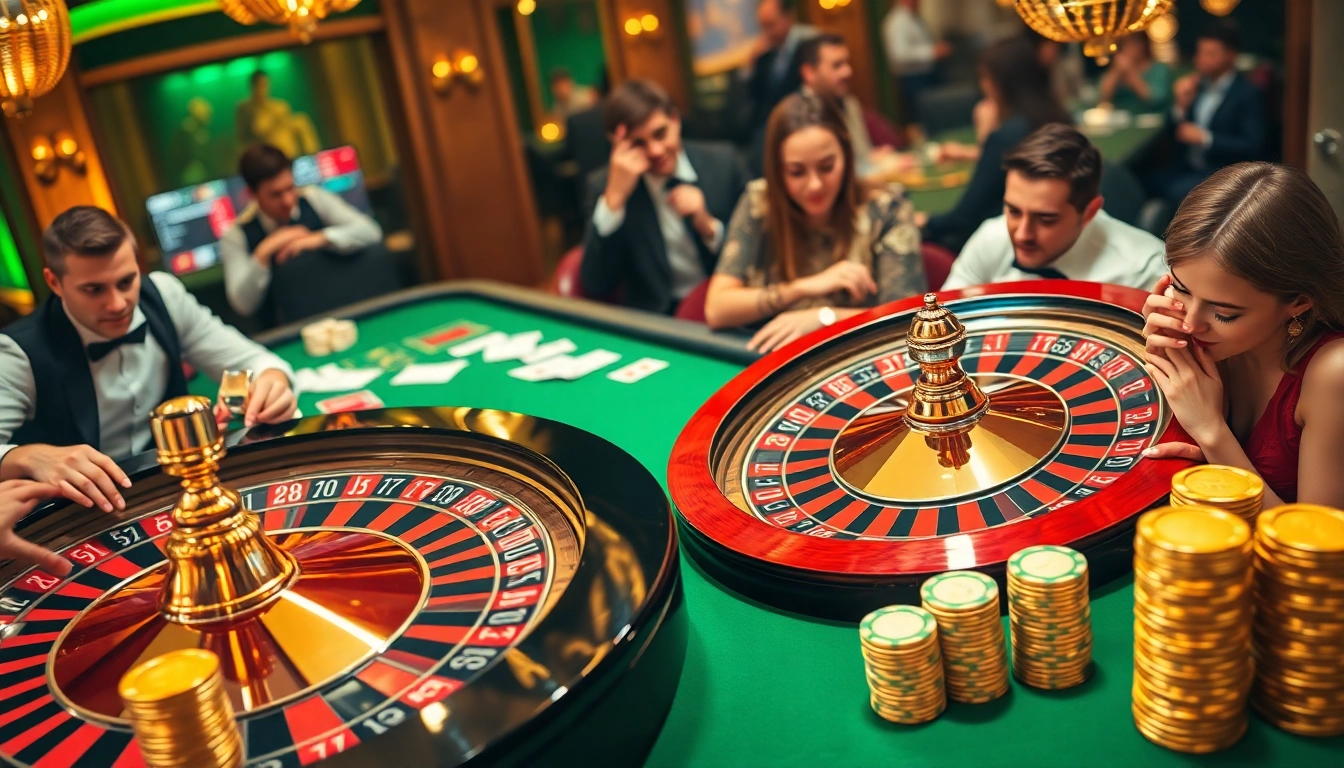 The vibrant casino scene at https://f168.tools/ showcases thrilling roulette gameplay with players, cards, and poker chips.
