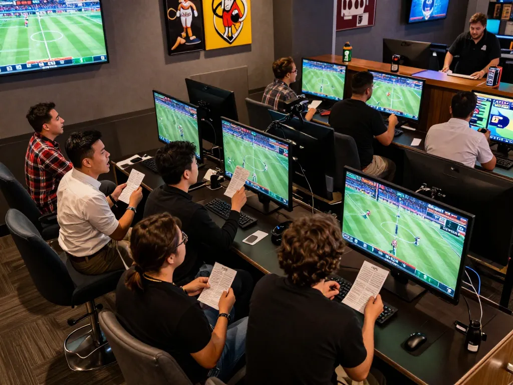 RIKBET players engaged in spirited sports betting session amidst lively lounge atmosphere