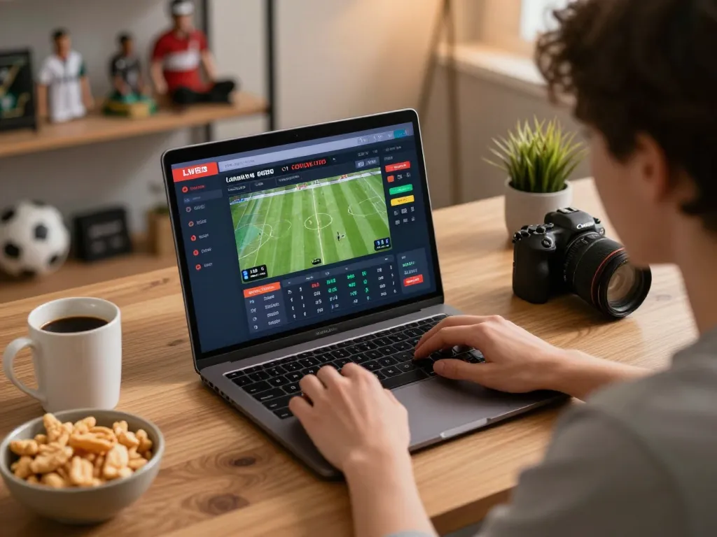 FC88 user engaging in sports betting via laptop at home with live game interface visible.