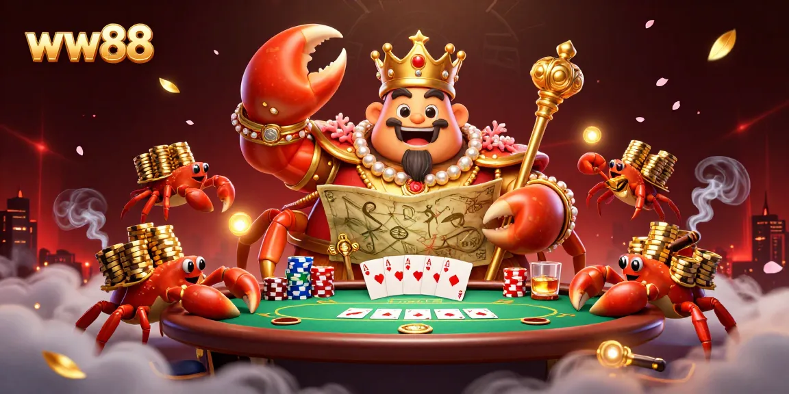 ww88 captures the thrill of winning at an online casino, featuring a golden crab emperor amidst poker elements.