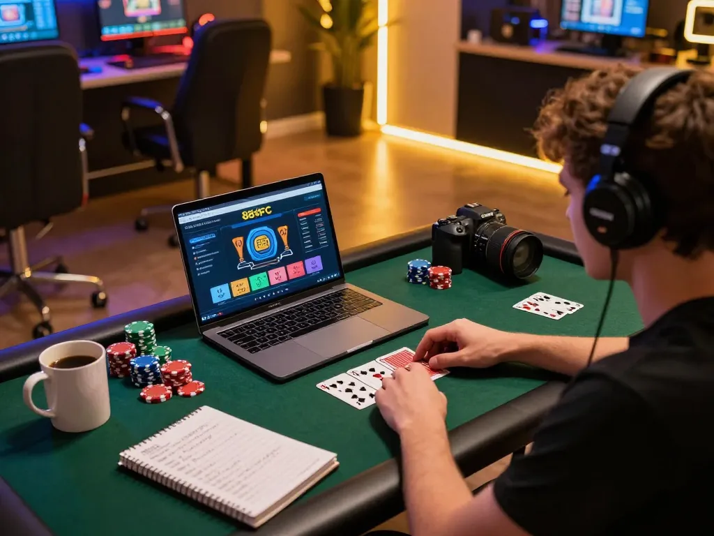 Player strategizing on TRANG CHỦ 88FC for online casino gaming, with laptop and cards.