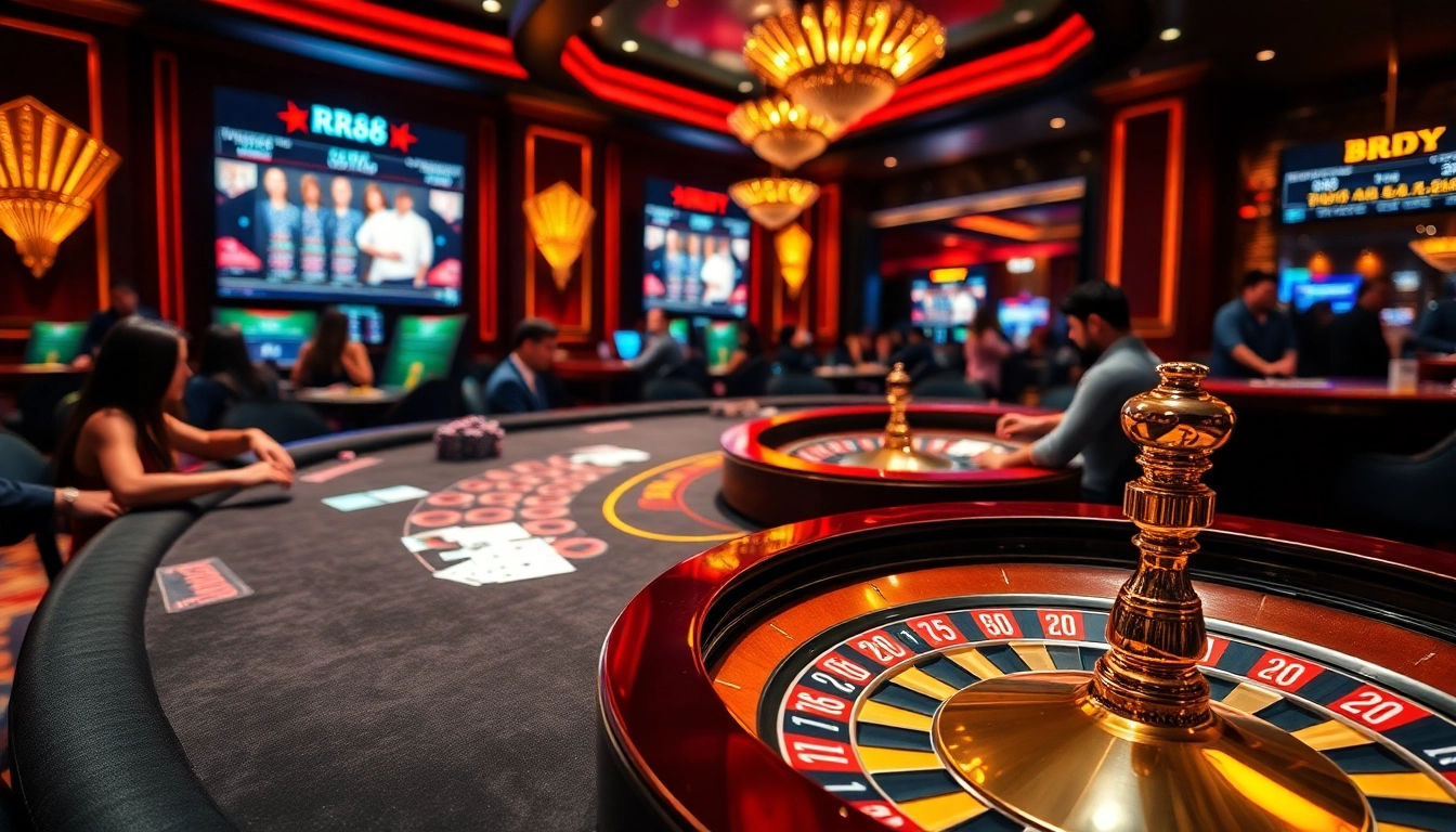 Experience thrilling gameplay at RR88 with vibrant casino tables, poker chips, and roulette wheels.