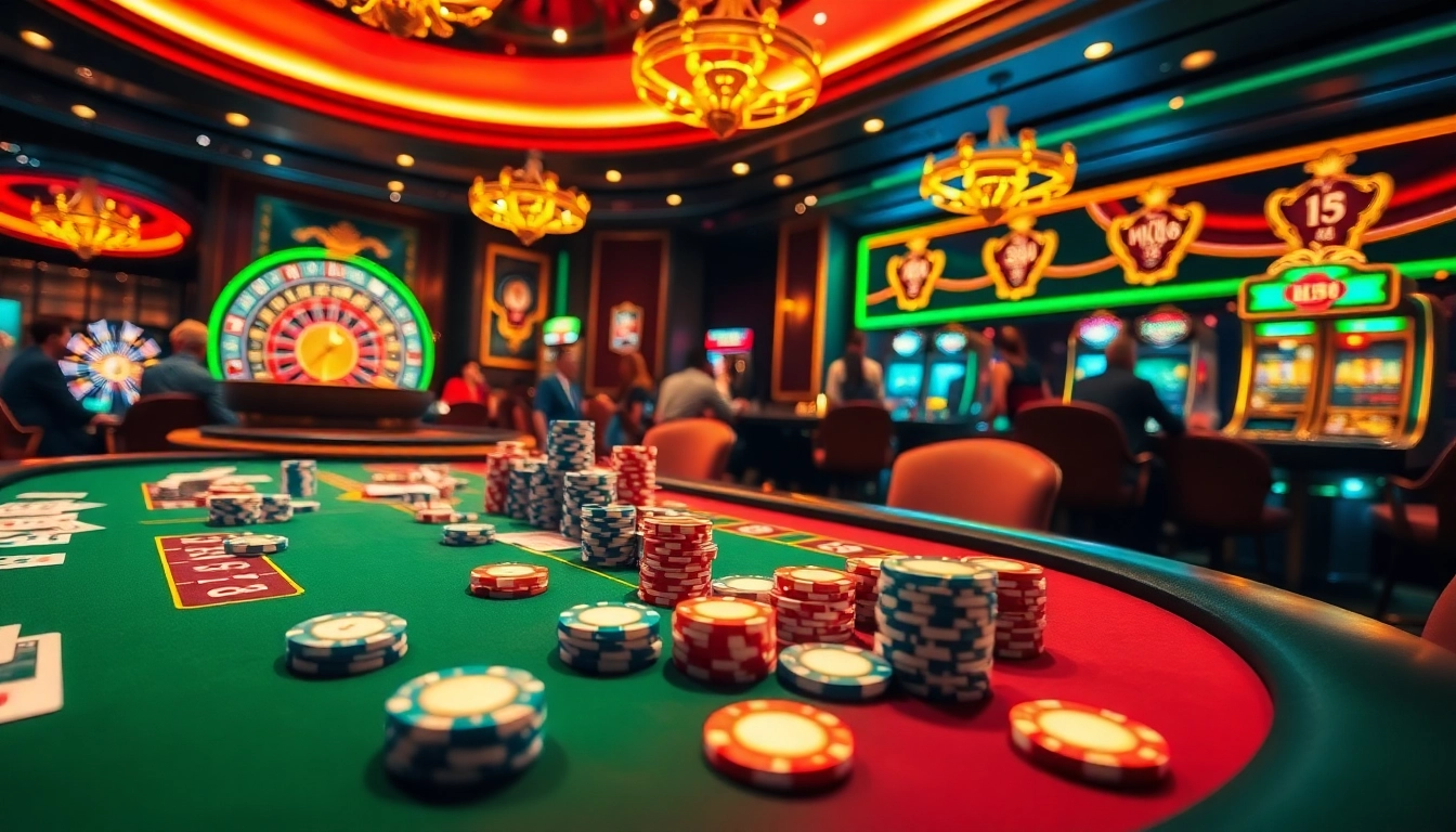 A thrilling casino scene at B52 with players enjoying poker, vibrant chips, and a roulette wheel.