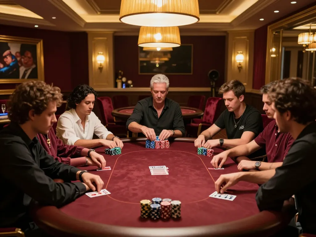 Intense poker game in a luxurious setting, showcasing QQ 88 table with focused players and vibrant ambiance.