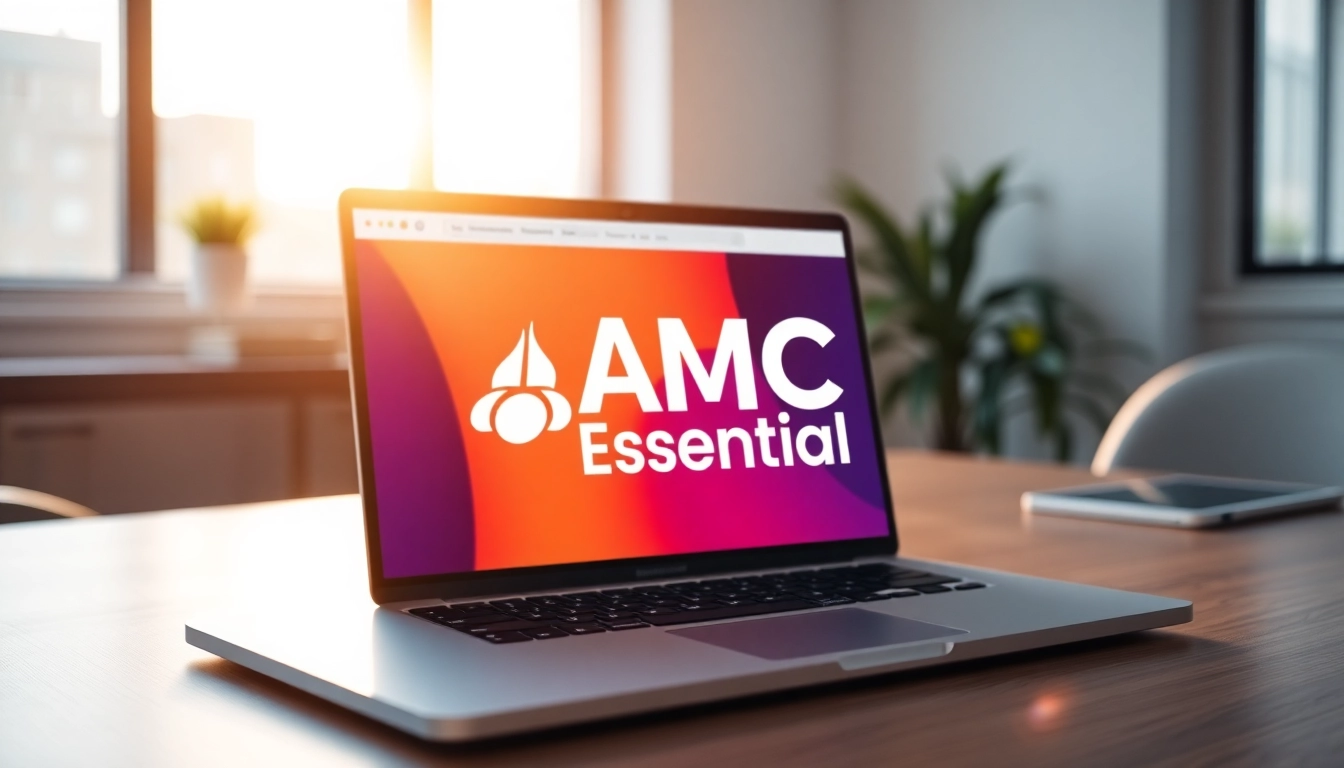 Showcase AMC Essentials branding in a modern office environment, emphasizing creativity.