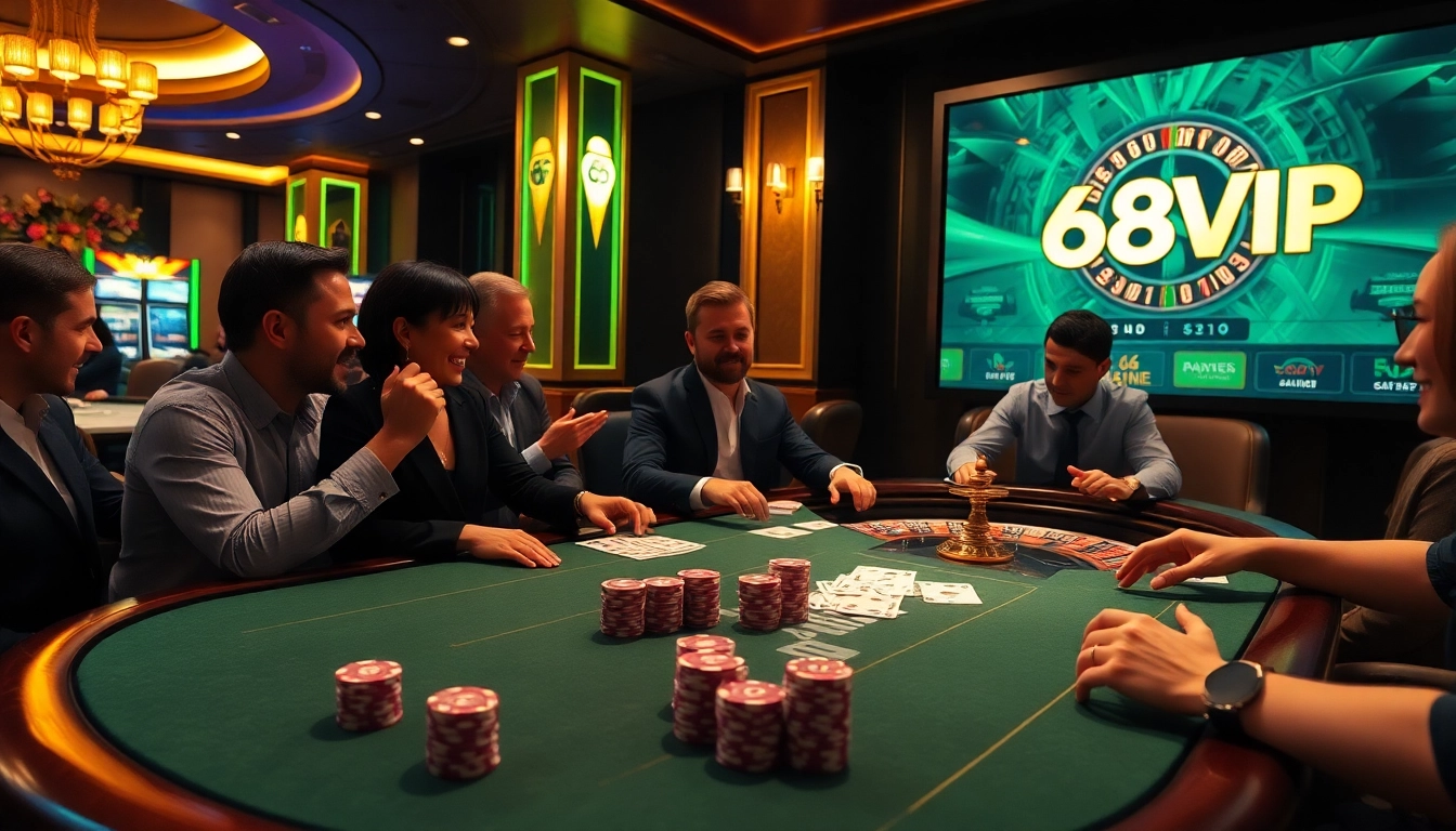 Players engaging in an exhilarating poker game at 68VIP casino, showcasing vibrant chips and cards.