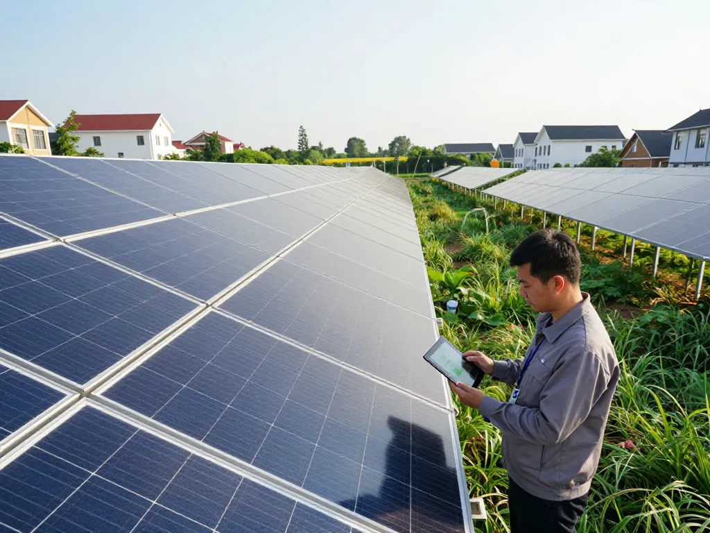 Technician analyzing the performance of HJT solar panels, illustrating the advantages and disadvantages of tehnologia HJT – avantaje și dezavantaje.