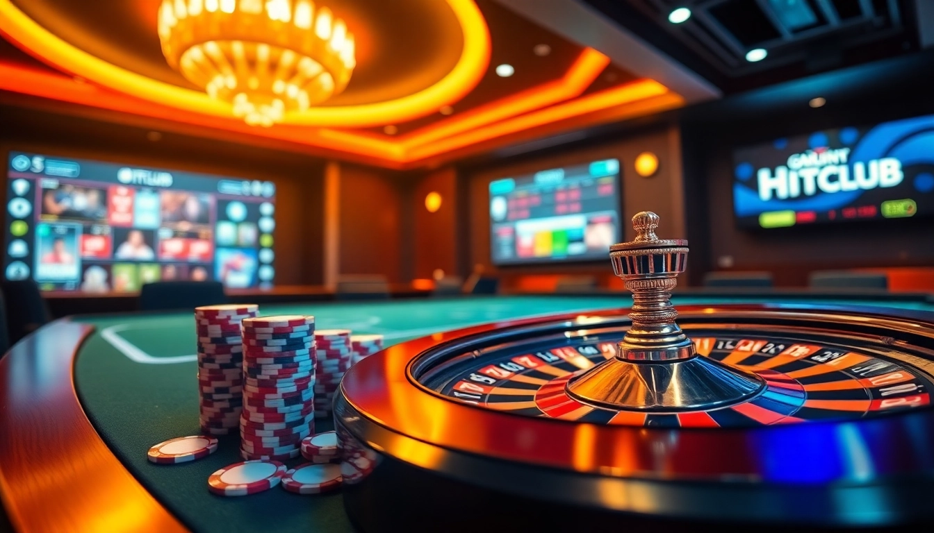 HITCLUB casino scene showcasing vibrant poker chips and elegant cards at a glowing table.