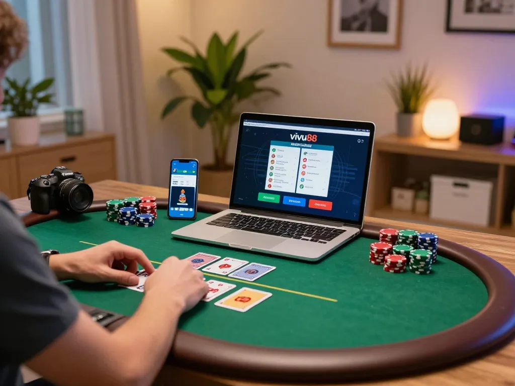 Playing poker online through Vivu88 online on a laptop in a cozy home gaming setup with cards and chips visible.