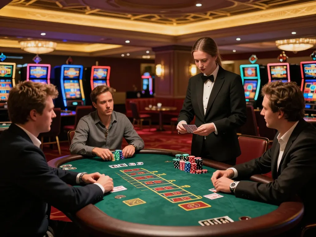 Players at a blackjack table strategizing their moves at FC88 casino, surrounded by vibrant lighting and glamour.