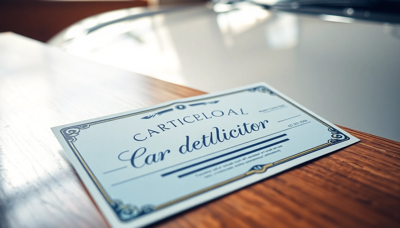Showcase a car detailing gift certificate artistically displayed, emphasizing luxury and care in car maintenance.