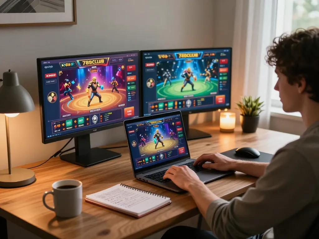 Engaged player using 789CLUB on laptop with colorful gaming interface in cozy home setting
