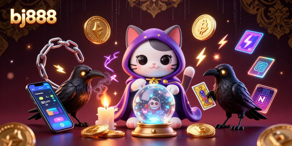 Engage with bj888's mystical casino experience featuring a fortune teller cat and tarot raven.