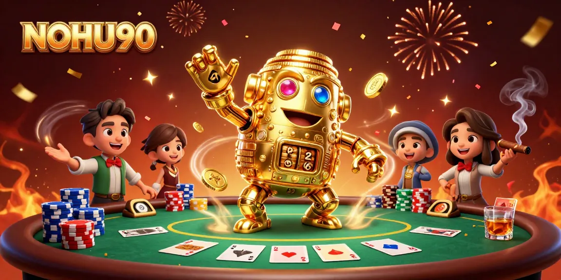 Experience the excitement of NOHU90 with a golden golem and dynamic poker scene.