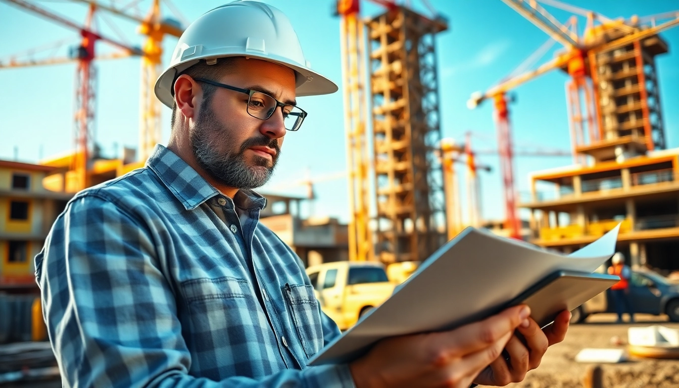 Austin general contractor reviewing blueprints at a construction site, showcasing teamwork.