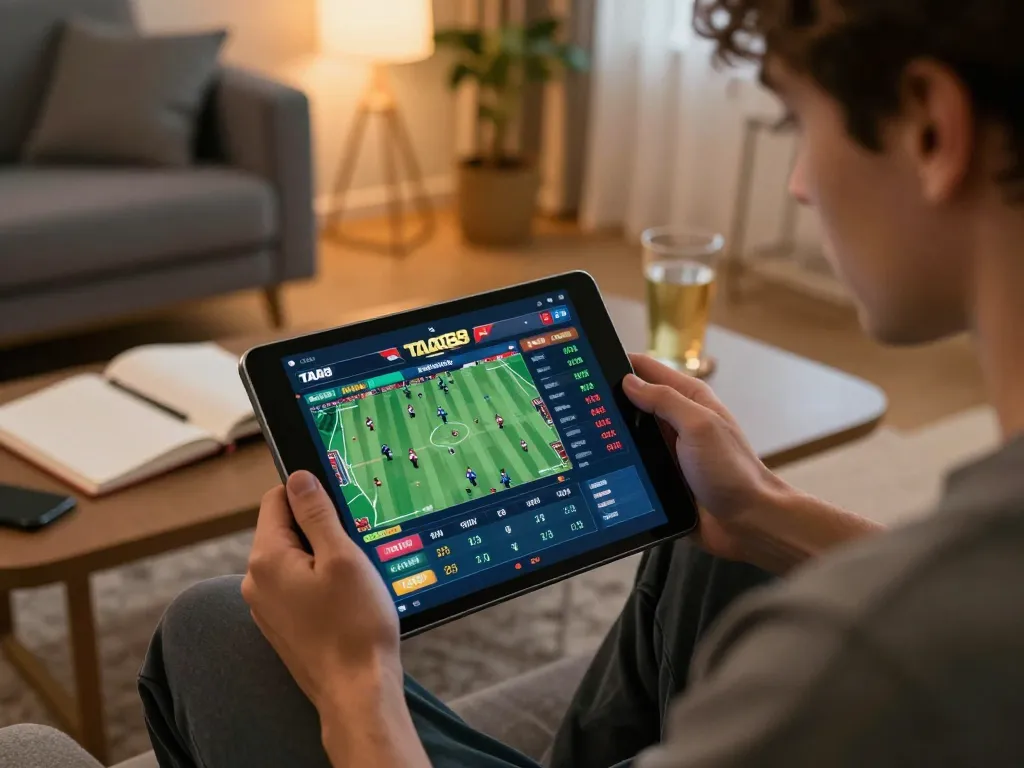 TA88 sports betting with a focused player analyzing live match stats on a tablet in a cozy atmosphere.
