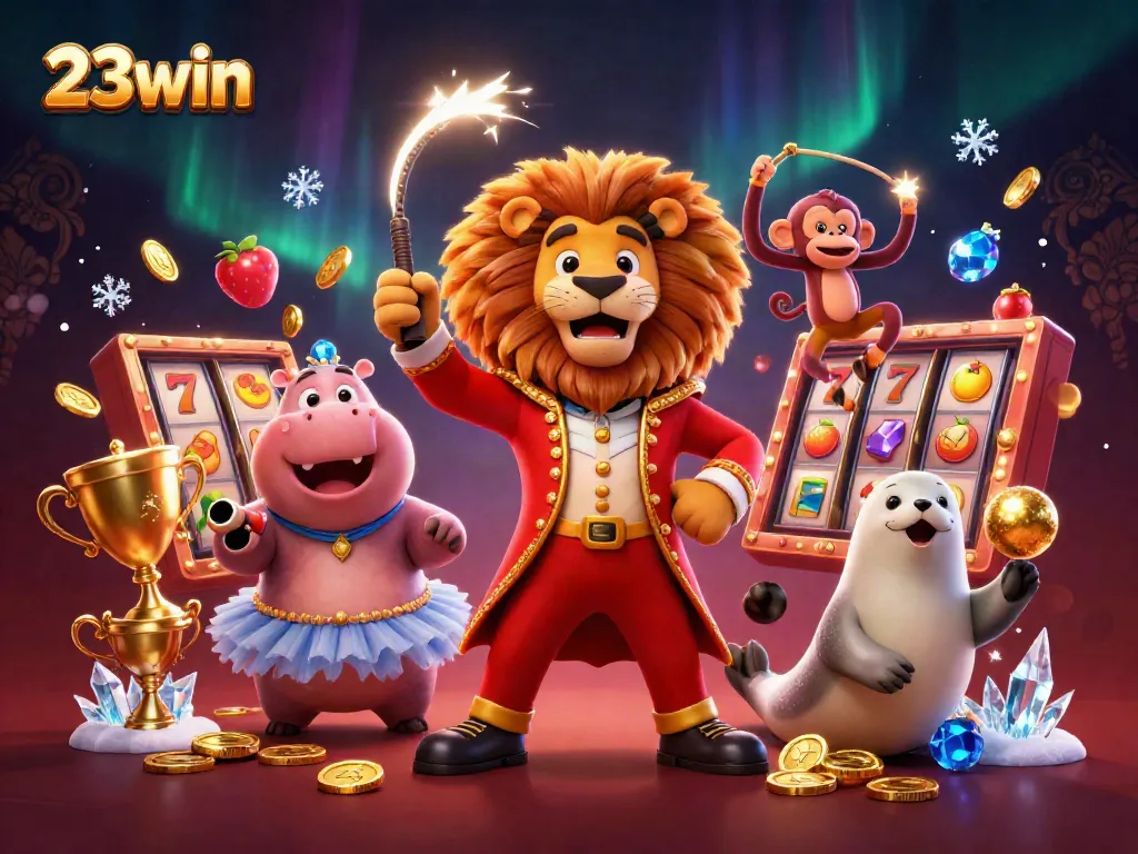 Experience the thrill of 23win with vibrant circus characters engaging in dynamic slot action.