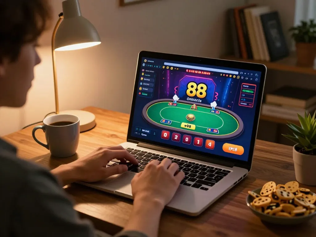 Player thrillingly engages with go 88 online casino poker game on laptop at home