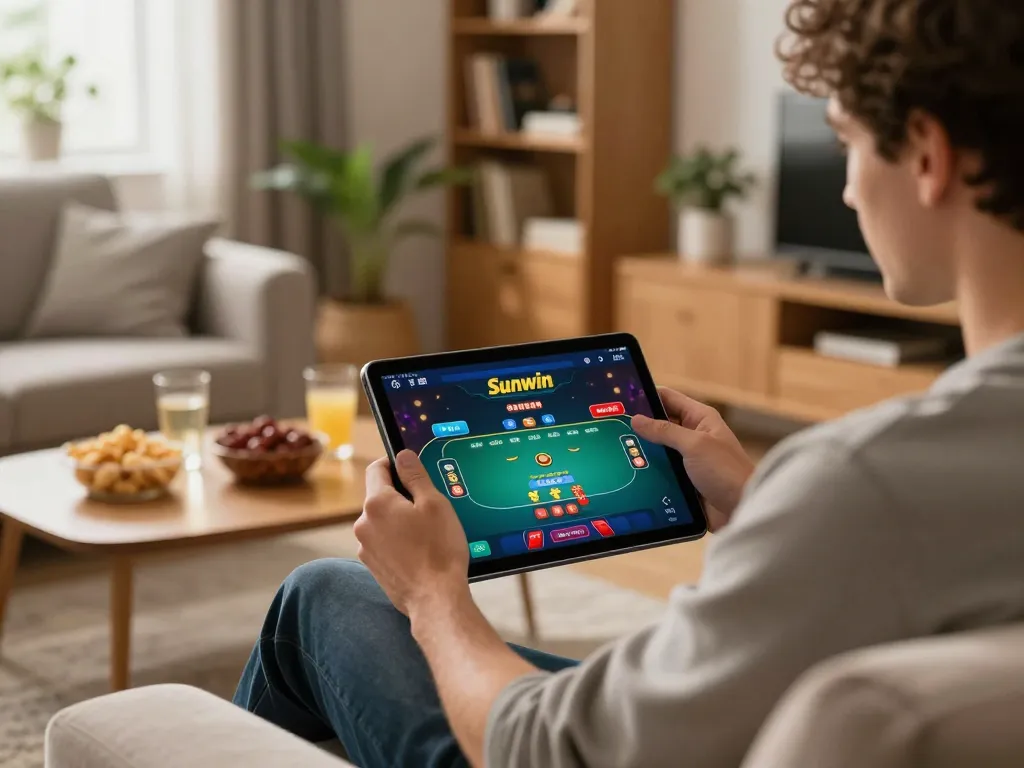 Sunwin app showcased on tablet during online gaming session, player analyzing poker bets with engaging atmosphere.