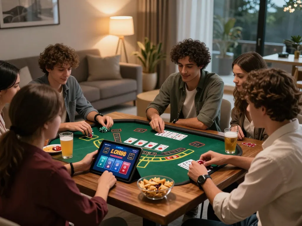 Friends enjoying LODE88 blackjack on a tablet in a cozy living room, showcasing strategic gameplay.