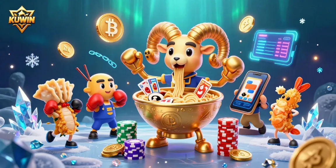 Experience exciting gaming at KUWIN with vibrant characters and glowing cryptocurrencies in a lively casino scene.