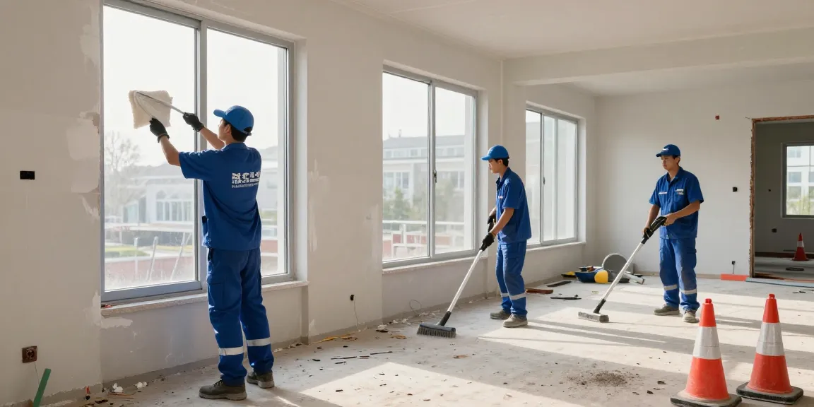 Professional cleaning team at a construction site performing bauendreinigung preis services for a spotless finish.