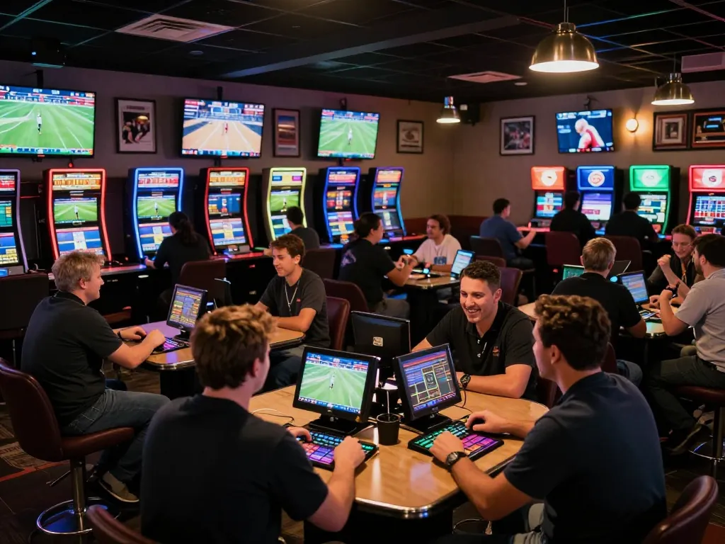 F168 sports bettors engaged in dynamic action at a vibrant betting lounge filled with energy