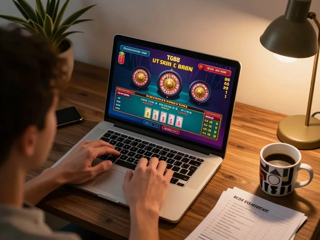 Player engaging in live dealer games at tg88 casino on laptop, highlighting modern home gaming experience.